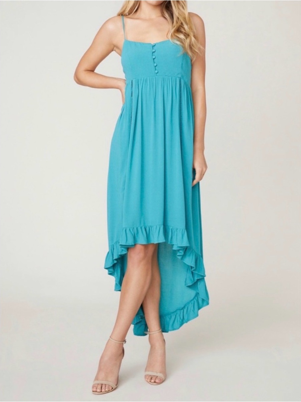 Jack by BB Dakota Turquoise Ruffle High-Low Spaghetti Dress Y2K Summer Sz Small